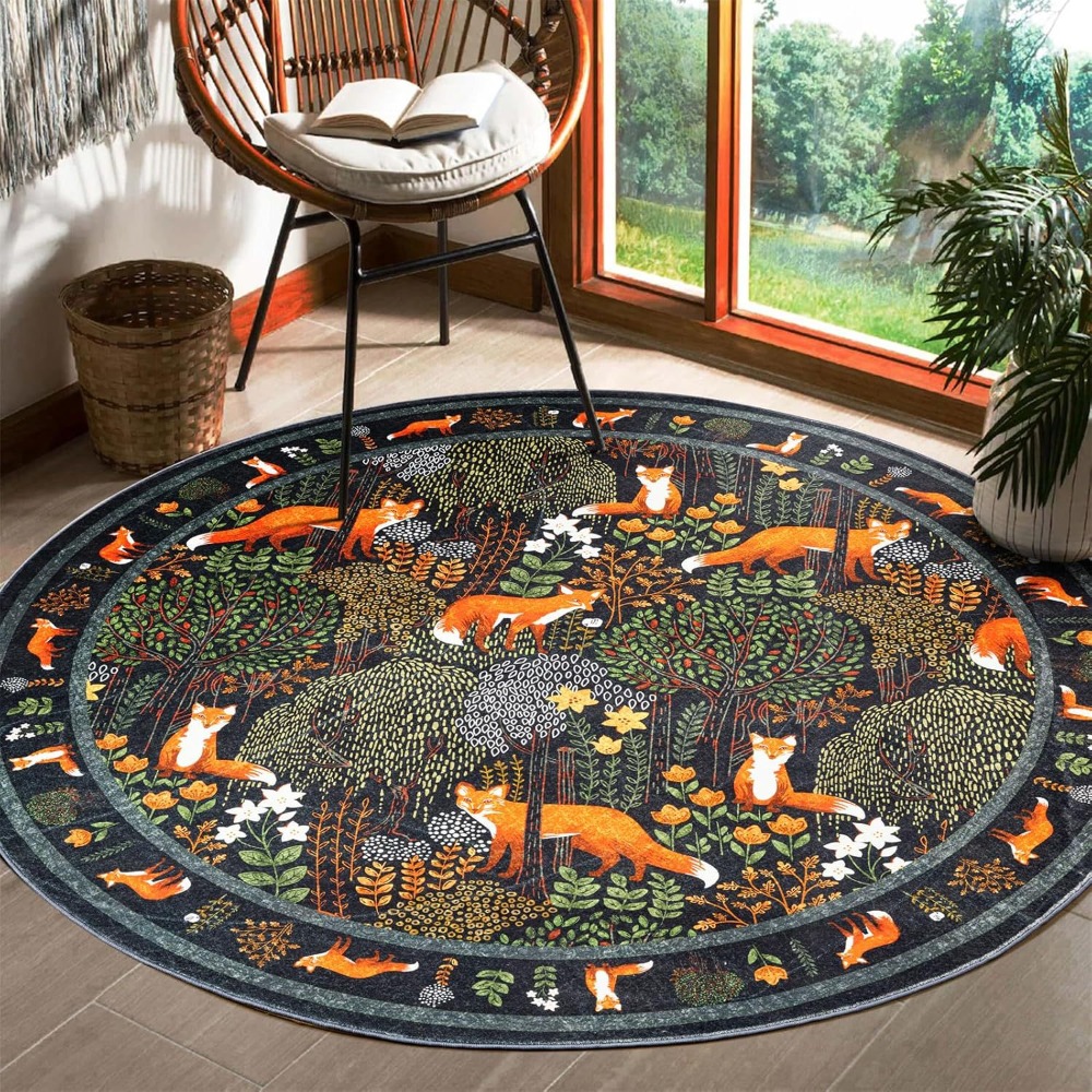 Home Textiles Plaid - Tapete Redondo Floresta com Raposas Vermelhas