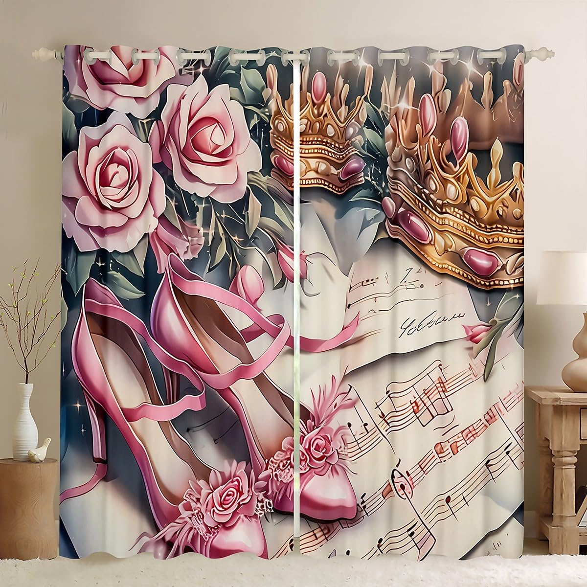 Home Textiles Luxury Curtains - Cortina de Chão com Rosas Cor-de-Rosa,